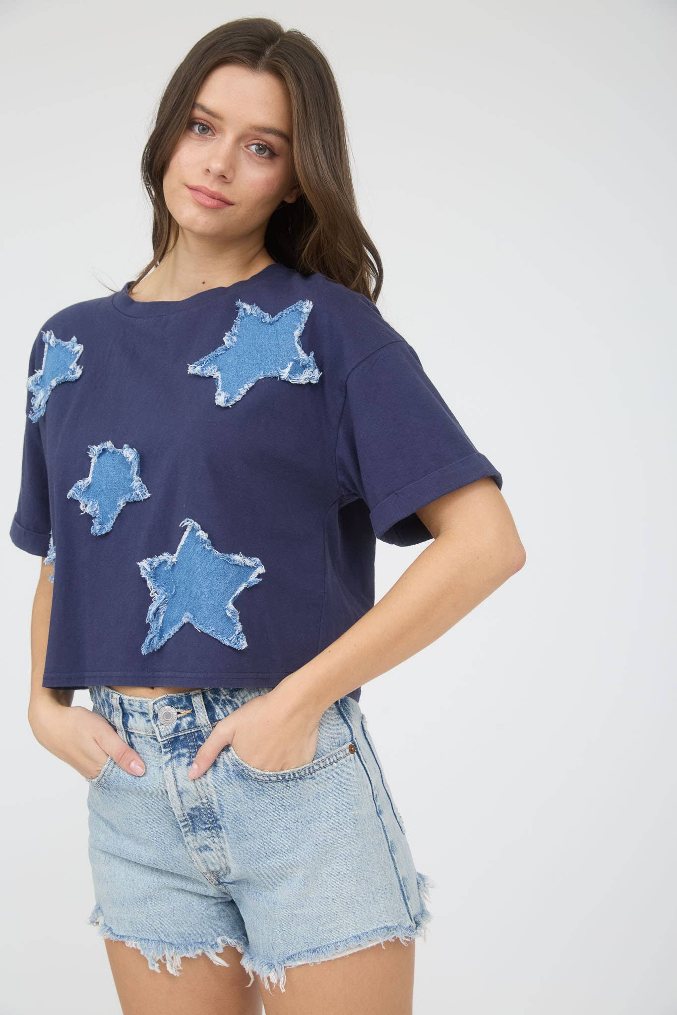 DENIM STAR PATCH SHORT SLEEVE KNIT T-SHIRT: NAVY