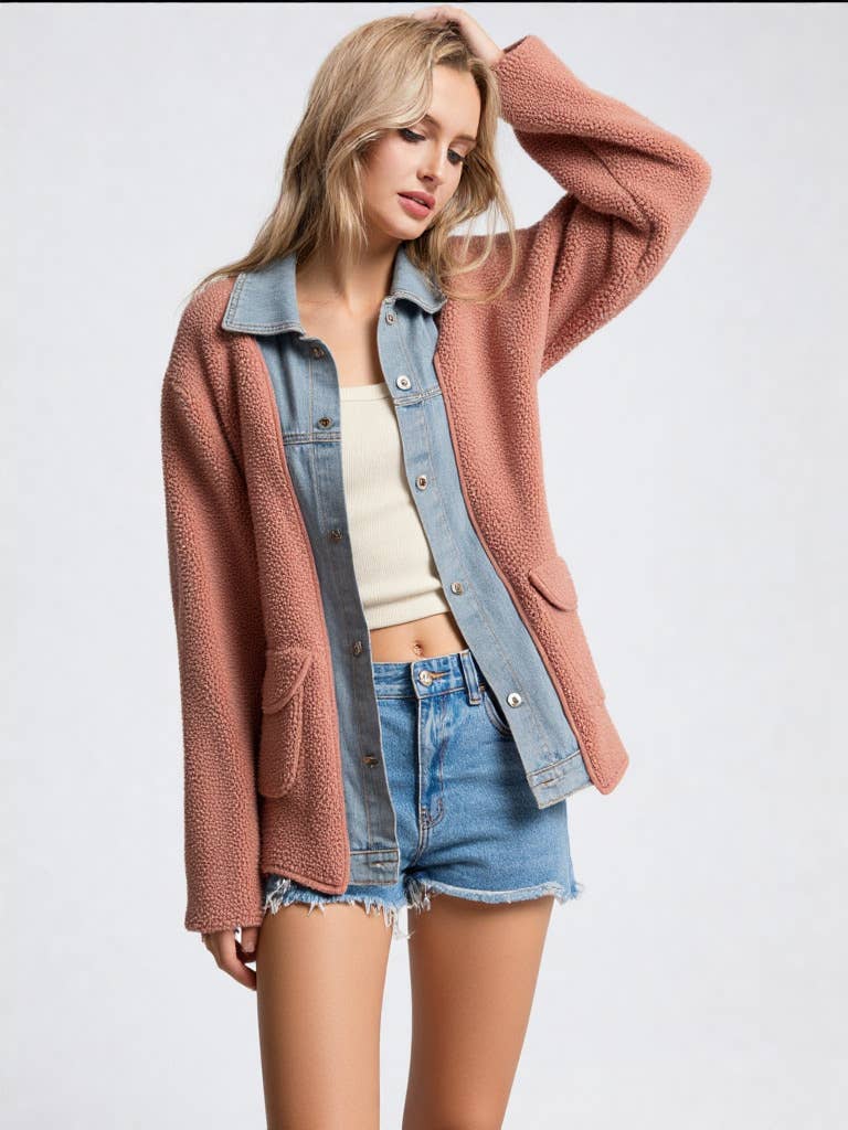 Soft Fleece and Denim Contrast Shacket Jacket