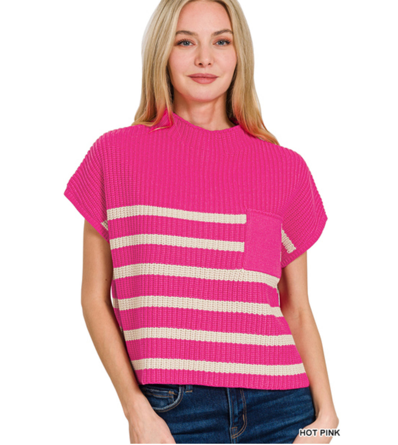 SHORT SLEEVE STRIPE SWEATER