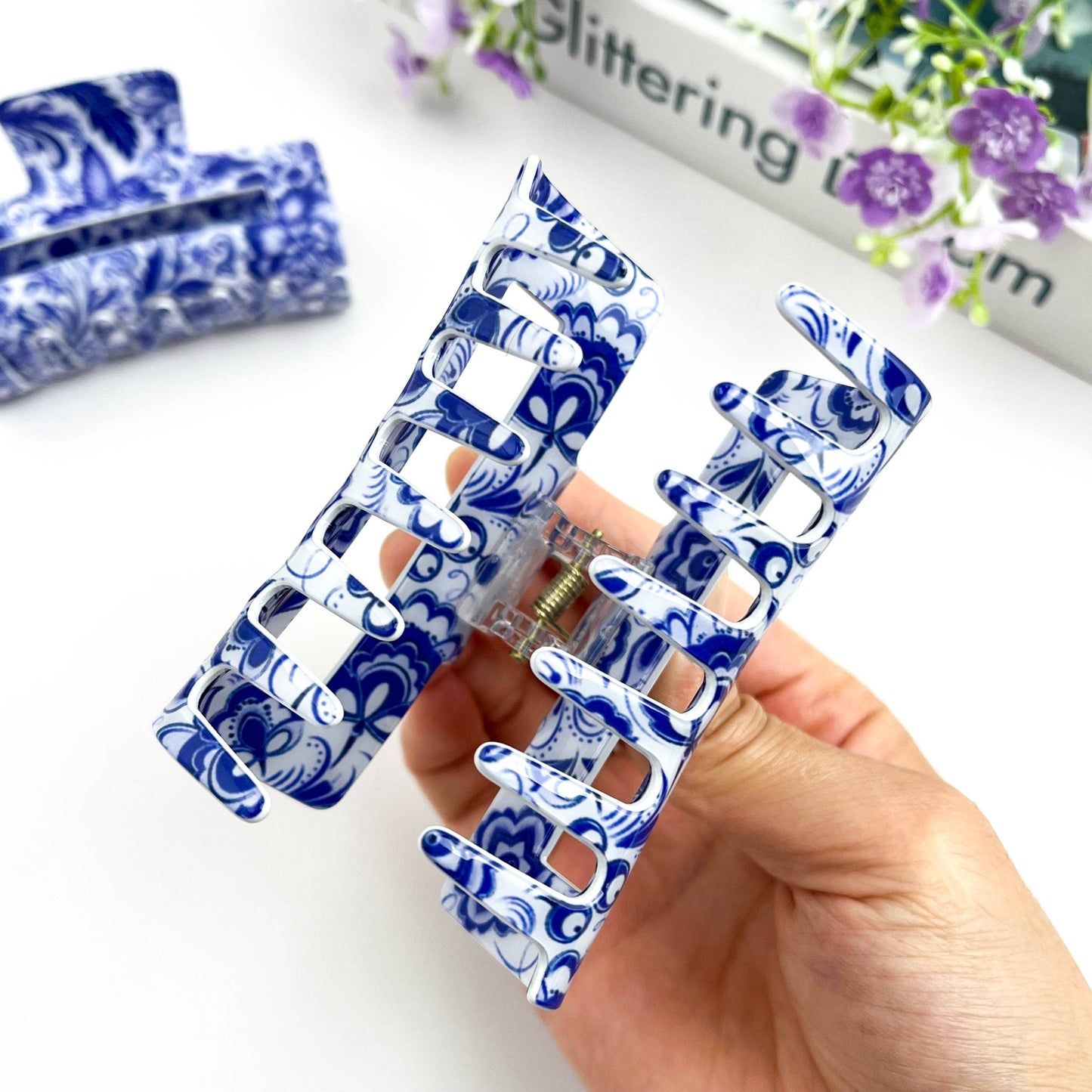 Blue & White Porcelain Pattern Rectangular Hair Claw Clip