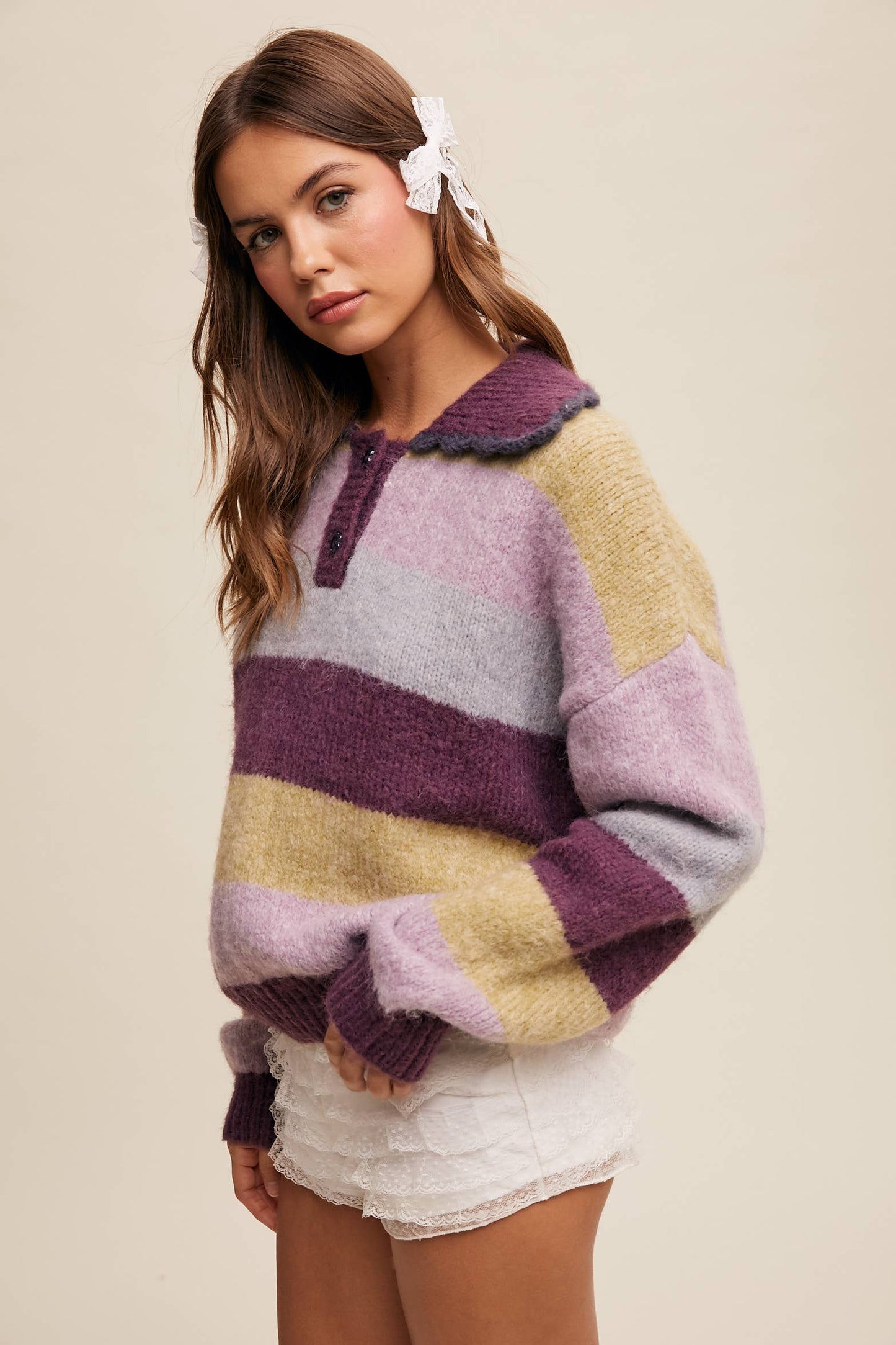 Striped Fuzzy Polo Sweater Redbean Multi