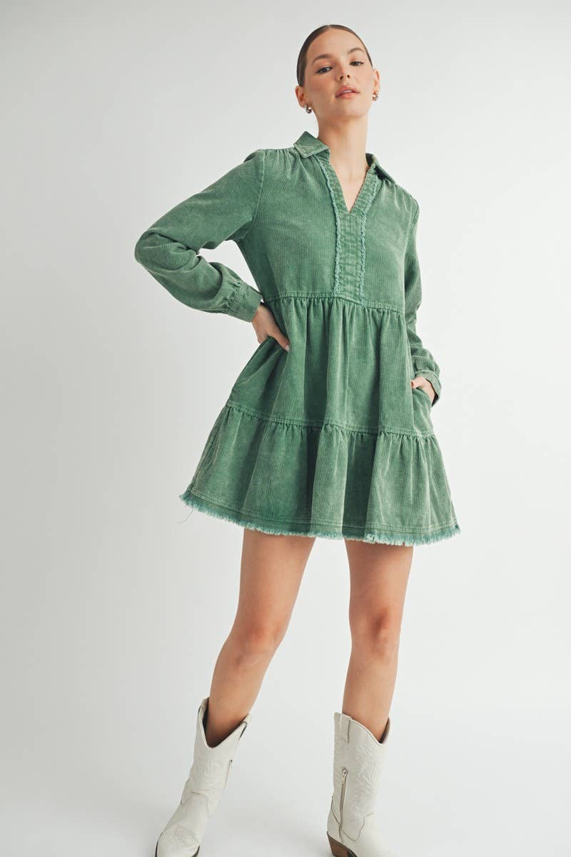 Mineral Wash Corduroy Tiered Dress