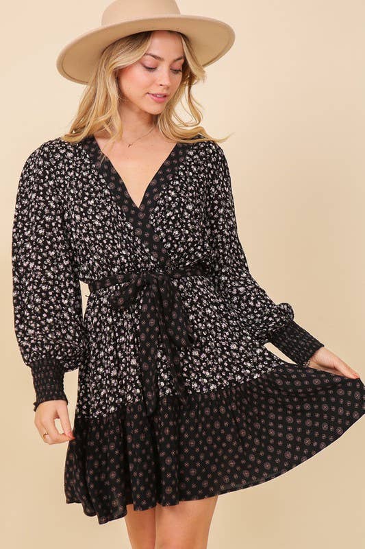 Black Floral Combo Front Tie Dress