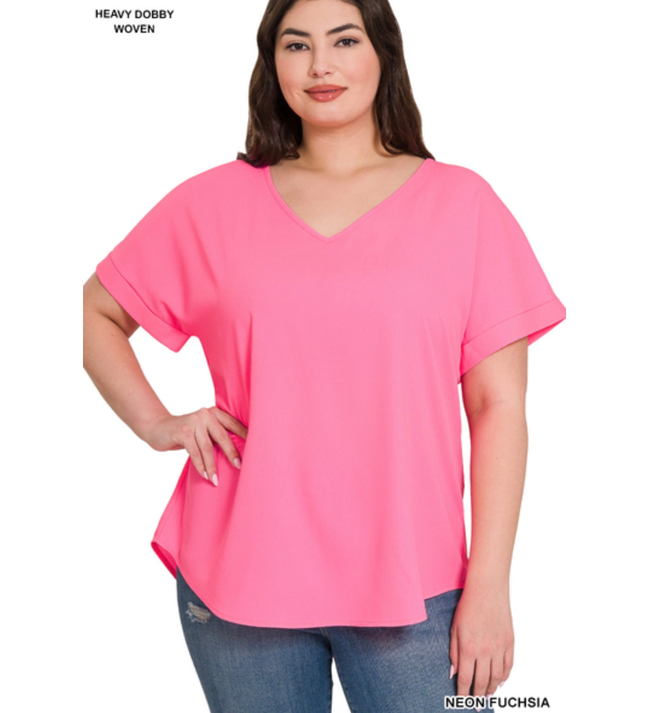 PLUS WOVEN HEAVY DOBBY ROLLED SLEEVE V-NECK TOP