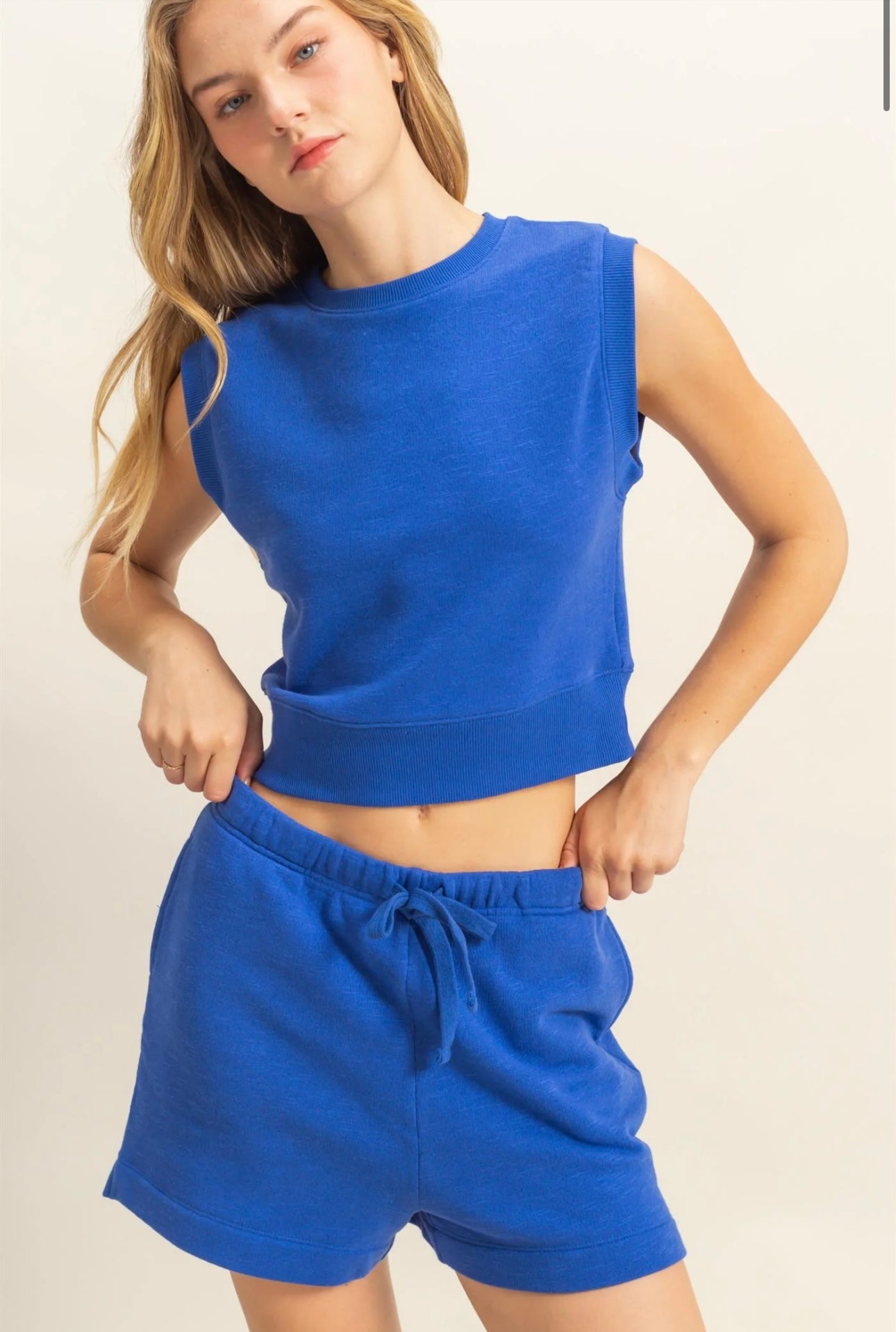 Fitted Banded Waist Sleeveless Crop Top and Elasticized Waist Flowy Shorts Set
