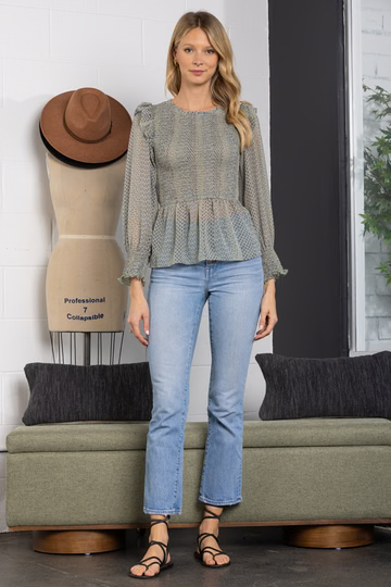 SAGE RUFFLED SHIRRING PEPLUM LONG SLEEVE TOP
