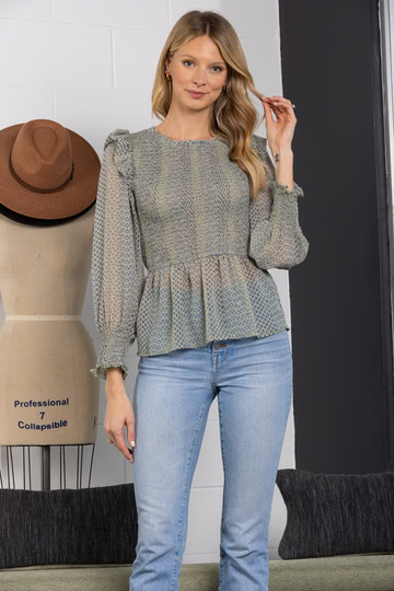SAGE RUFFLED SHIRRING PEPLUM LONG SLEEVE TOP