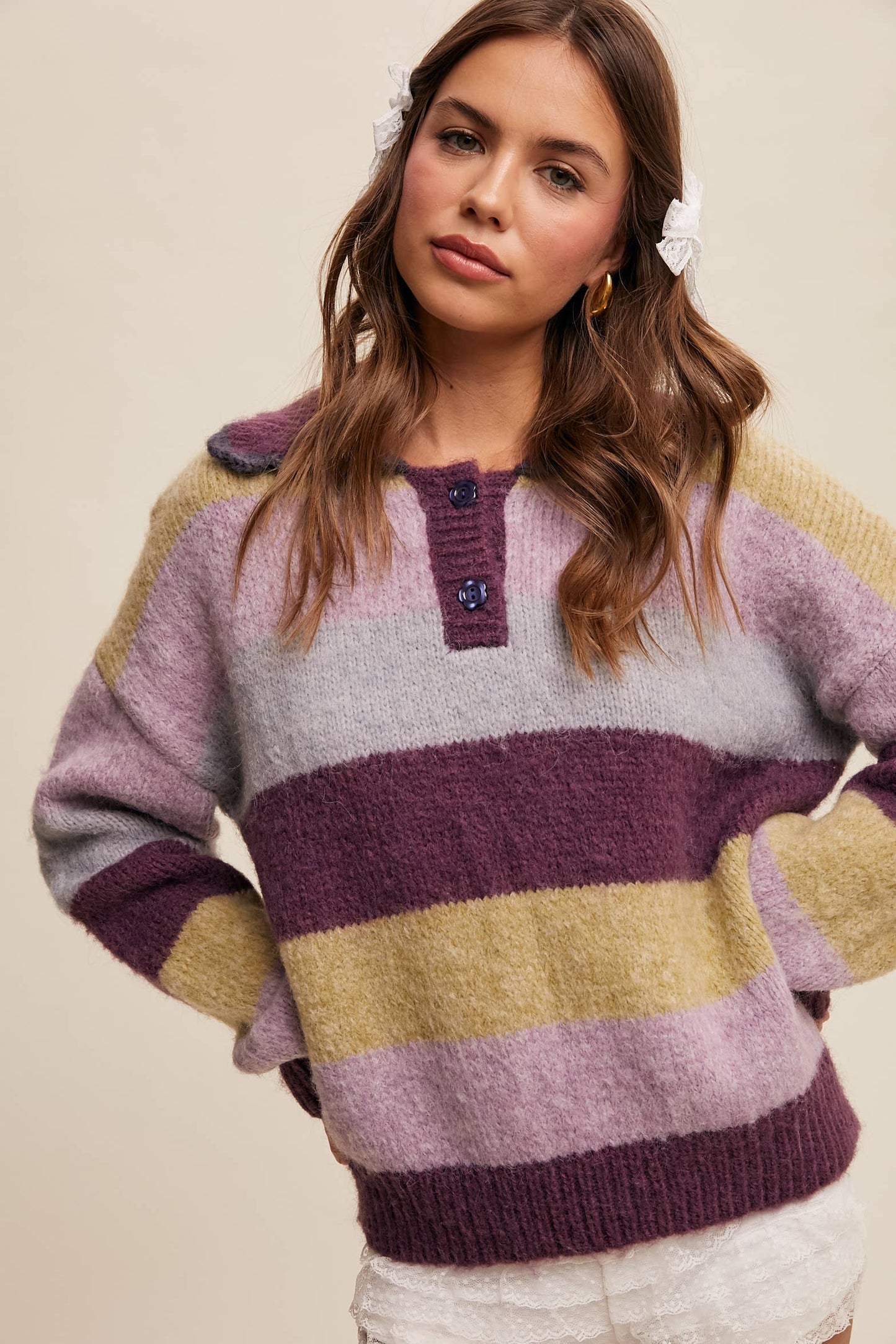 Striped Fuzzy Polo Sweater Redbean Multi