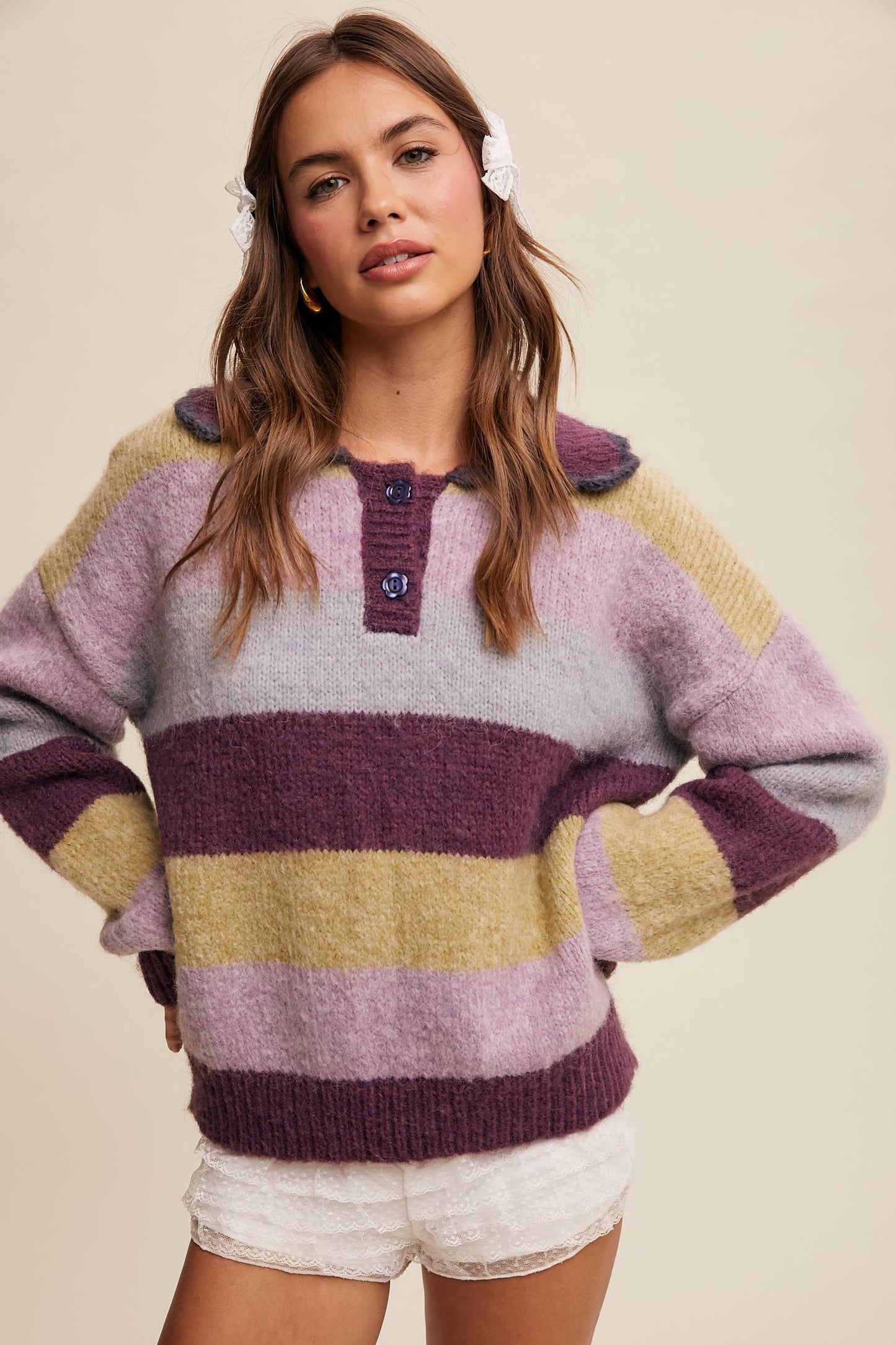 Striped Fuzzy Polo Sweater Redbean Multi