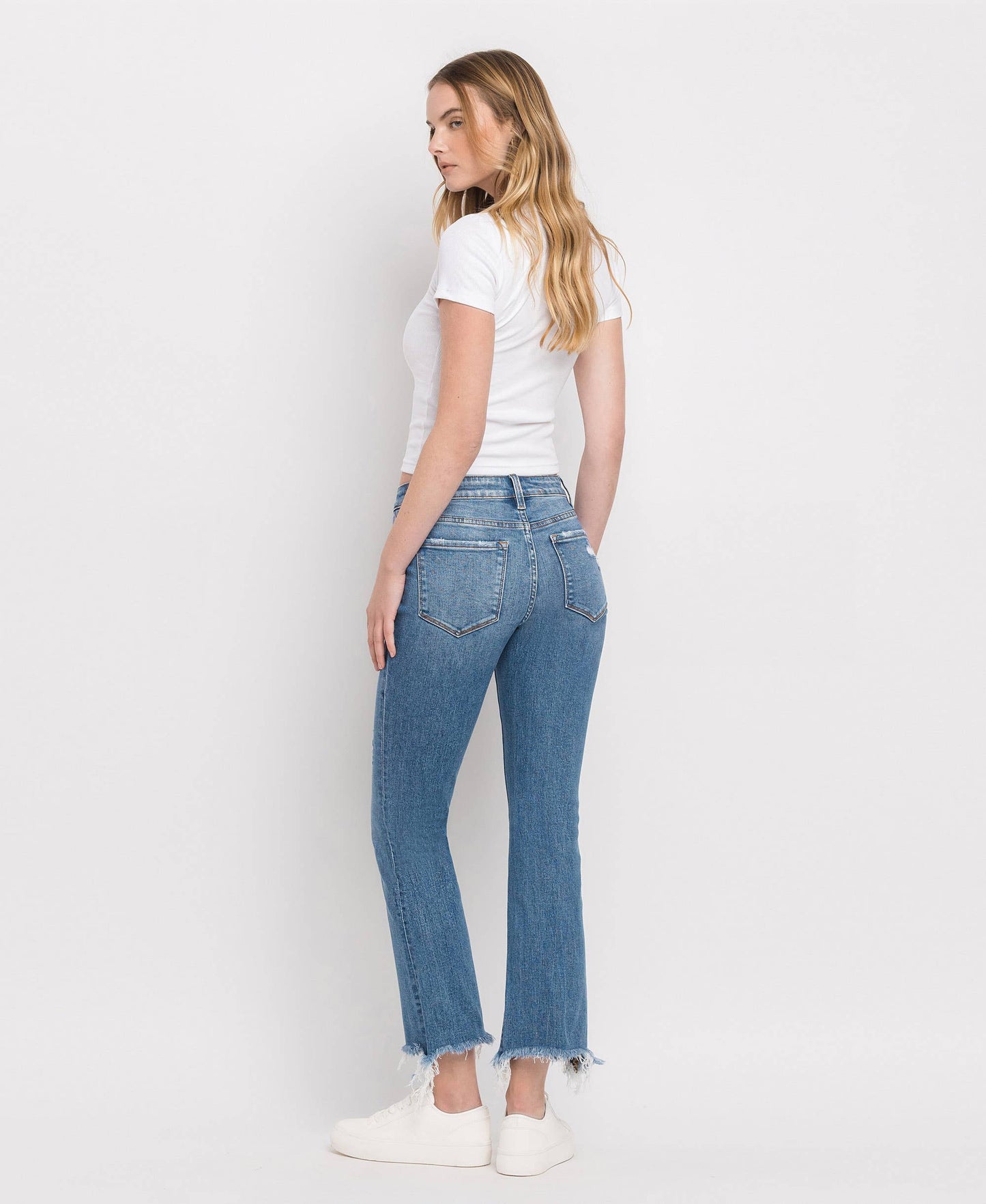 FLYING MONKEY MID RISE DISTRESSED HEM ANKLE BOOTCUT JEANS