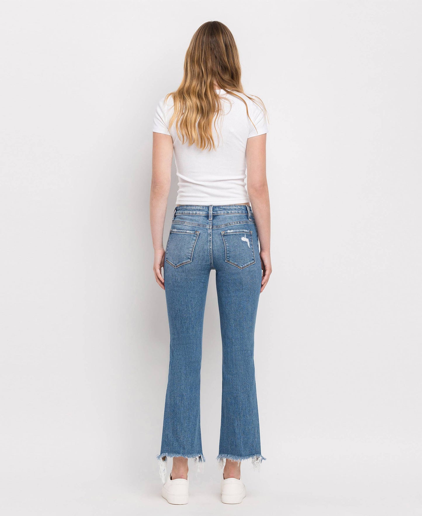 FLYING MONKEY MID RISE DISTRESSED HEM ANKLE BOOTCUT JEANS