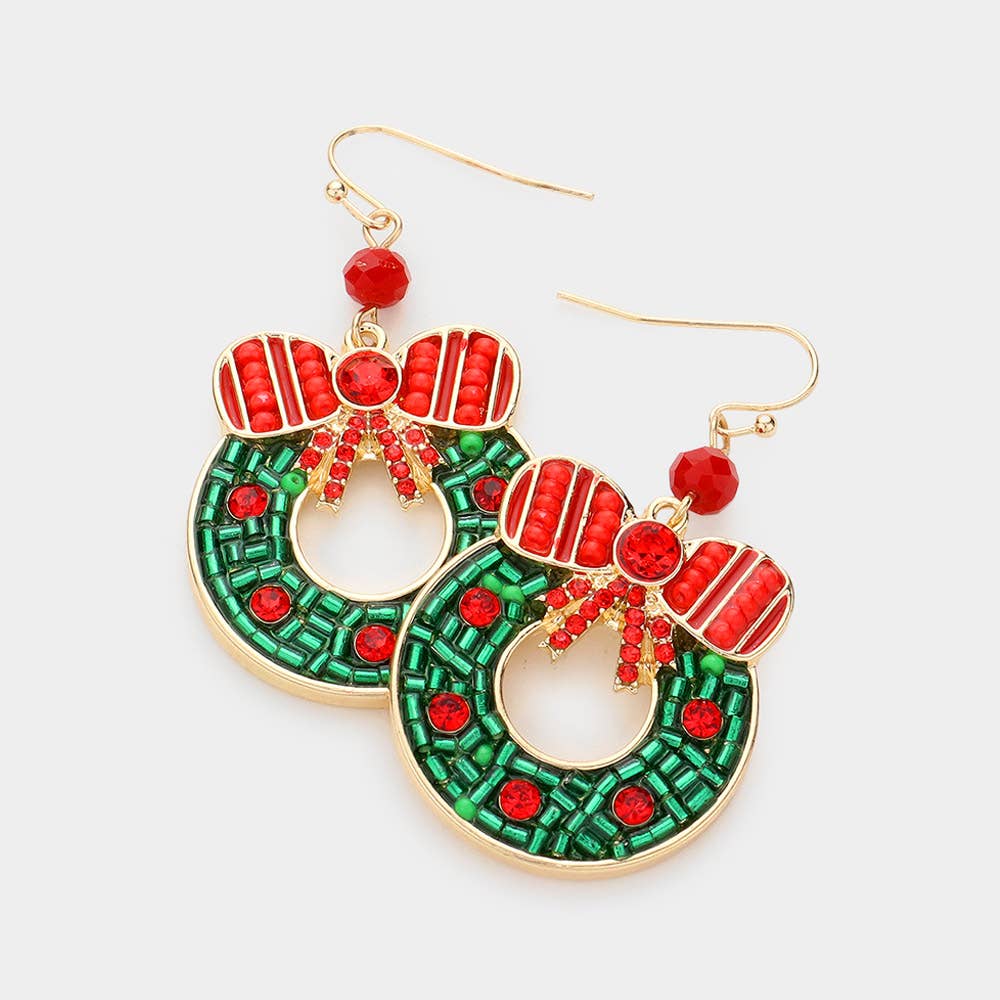 Stone Bead Embellished Christmas Wreath Dangle Earrings