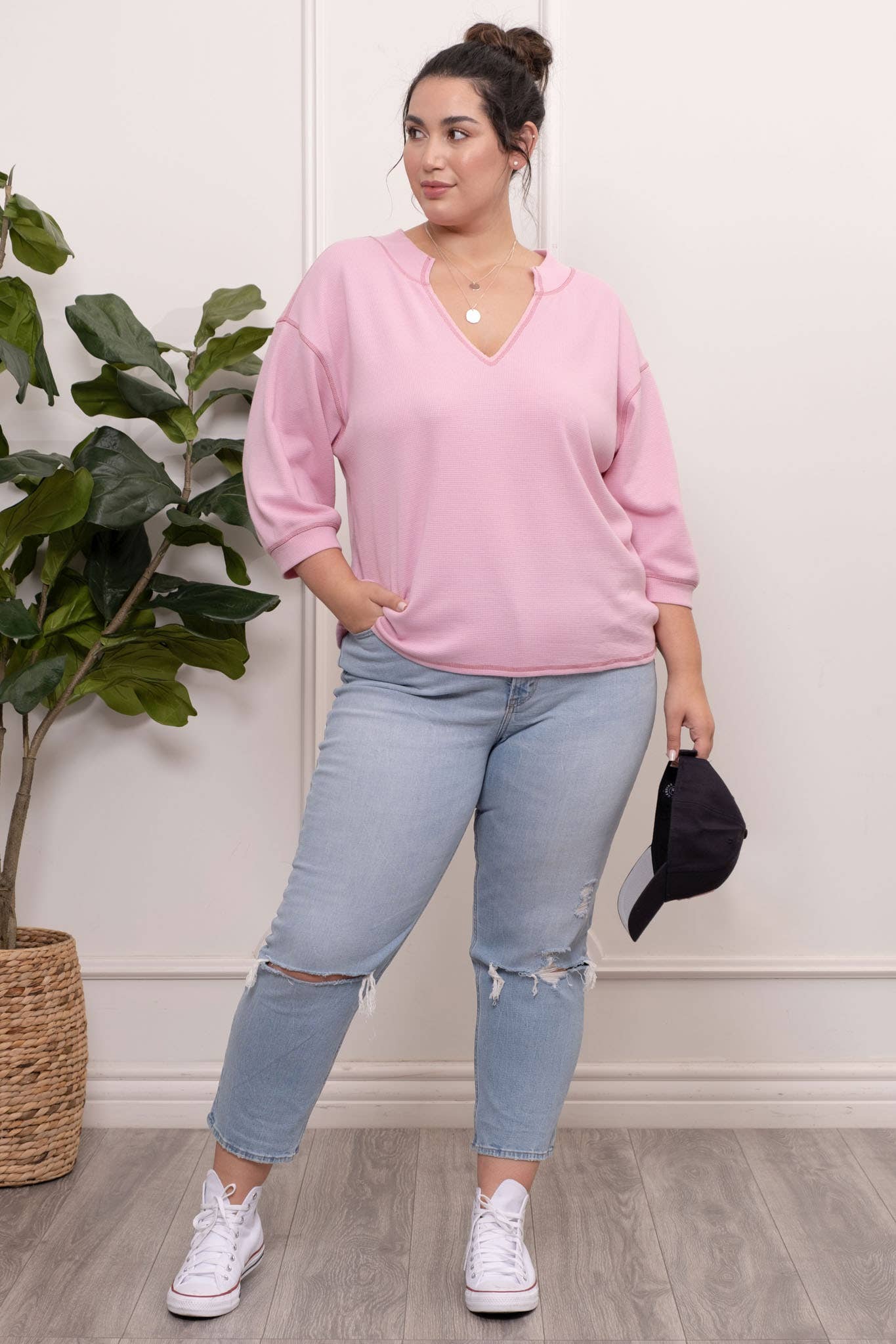 PLUS 3/4 SLEEVE KNIT TOP: PINK