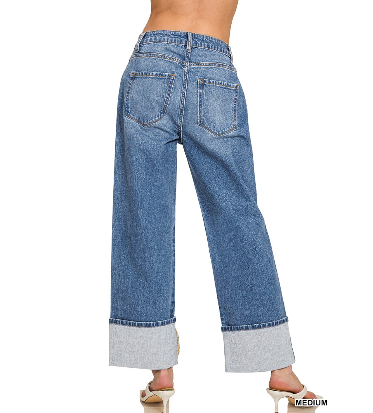 ZENANA HIGH RISE BIG CUFFED WIDE LEG DENIM JEANS