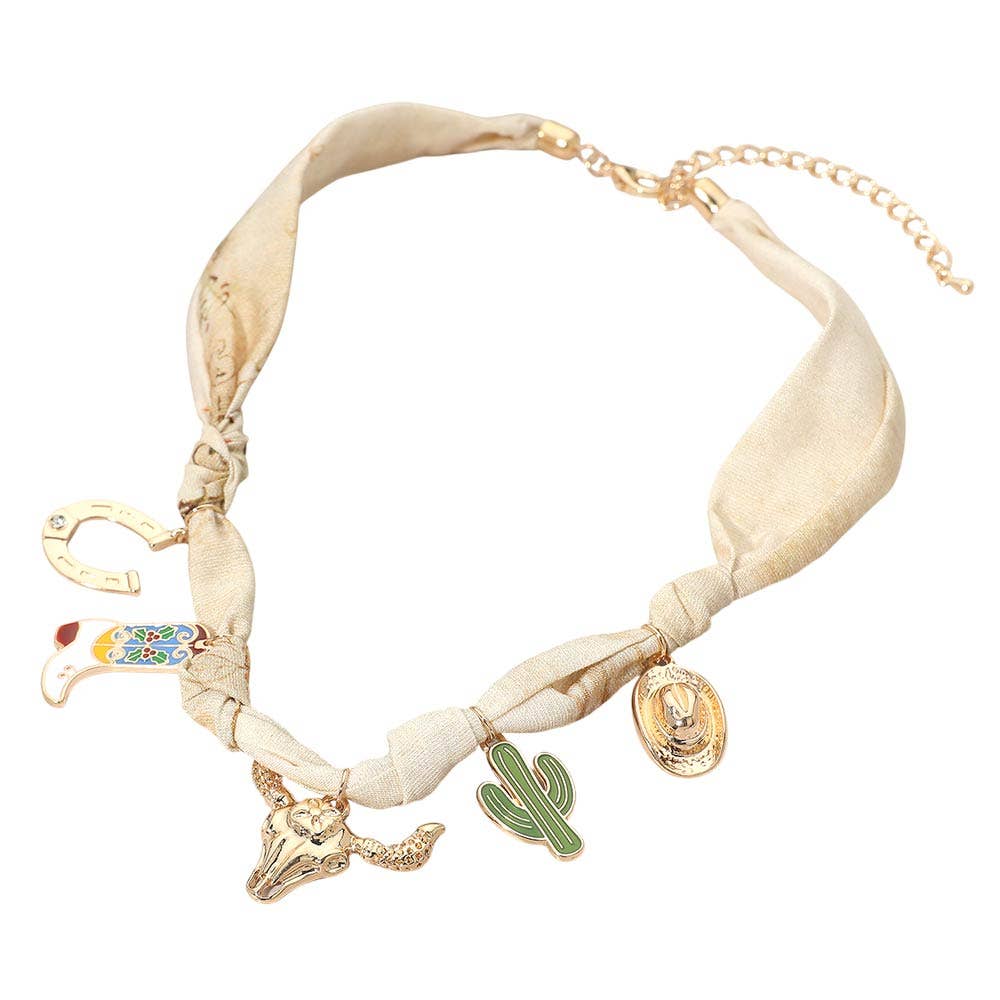 Western Steer Head Cactus Horseshoe Cowboy Hat Boot Charm Station Fabric Scarf Necklace
