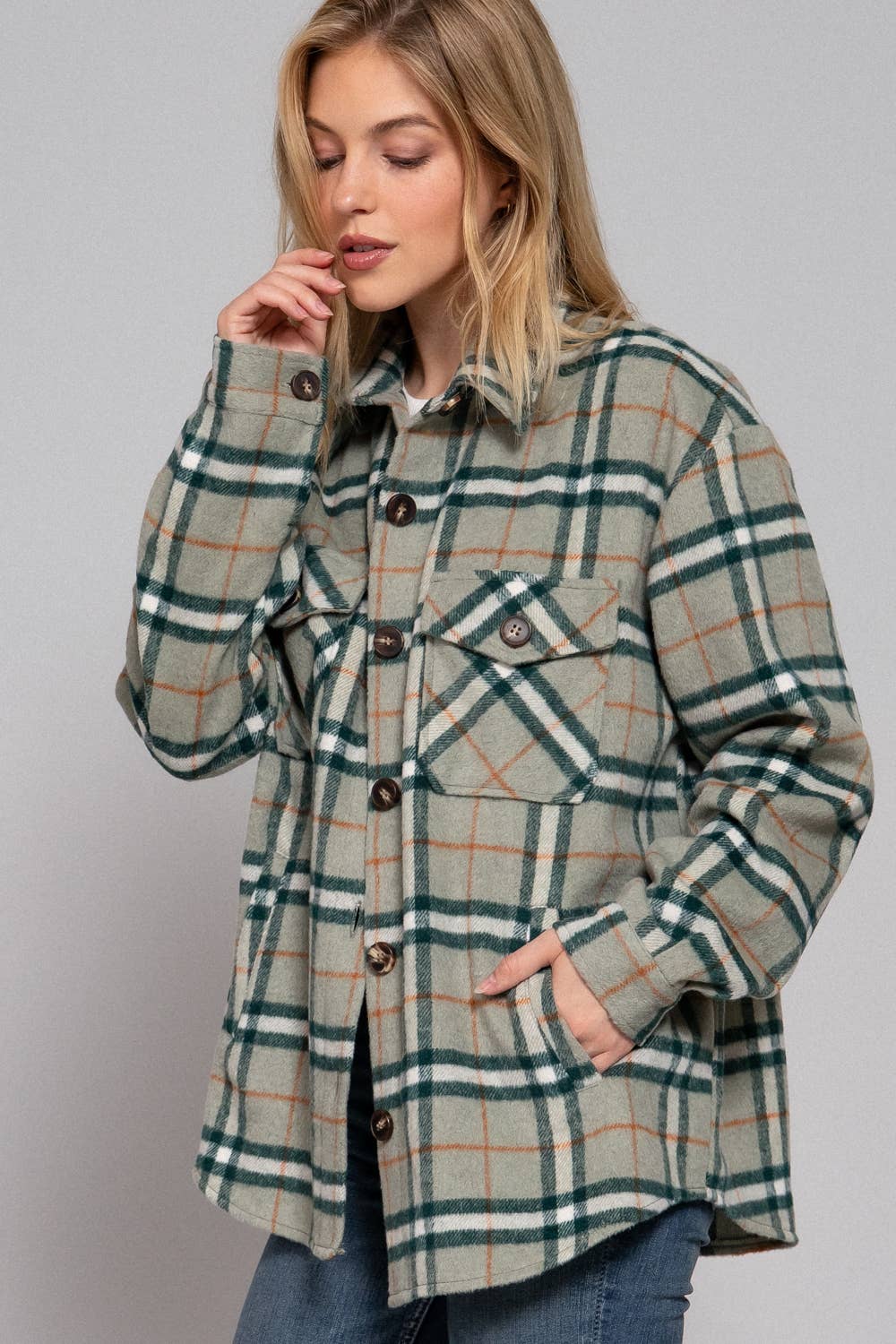 Long Sleeve Wool Blend Plaid Button Down Casual Jacket :black/brown