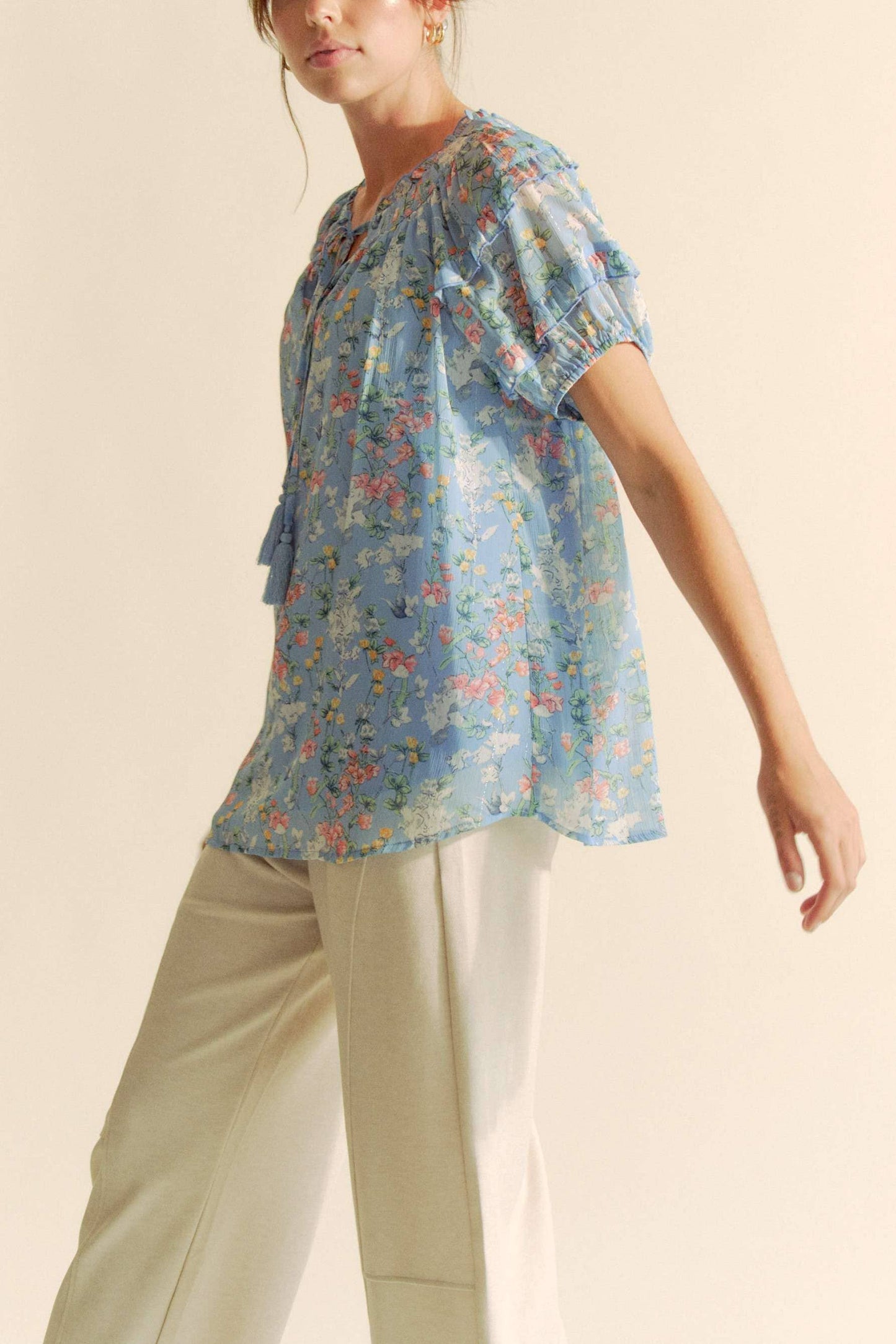 PRINTED RUFFLE SHORT SLEEVE TOP