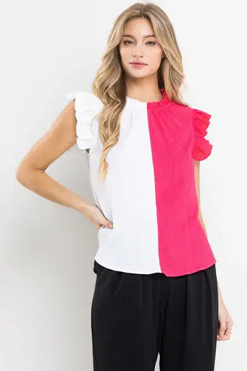 COLOR BLOCK RUFFLE SLEEVELESS TOP