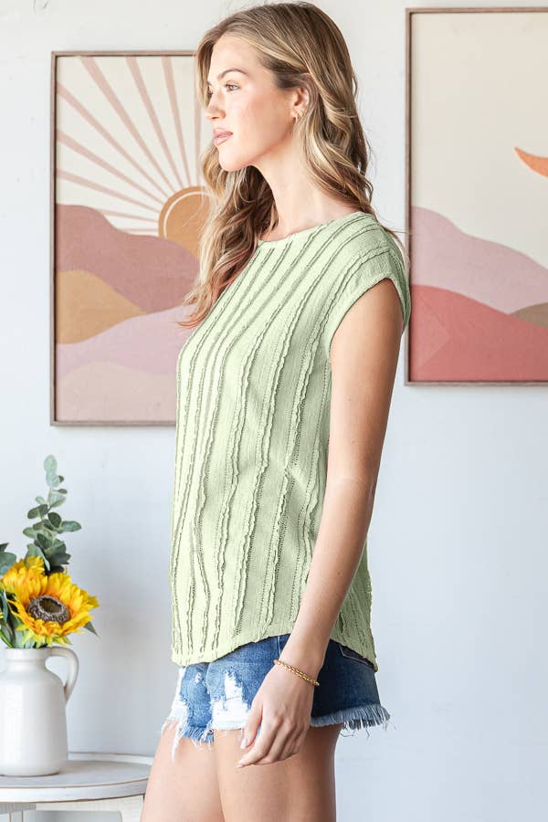 Lightweight Stripe Textured Cap Sleeves Top: Sage