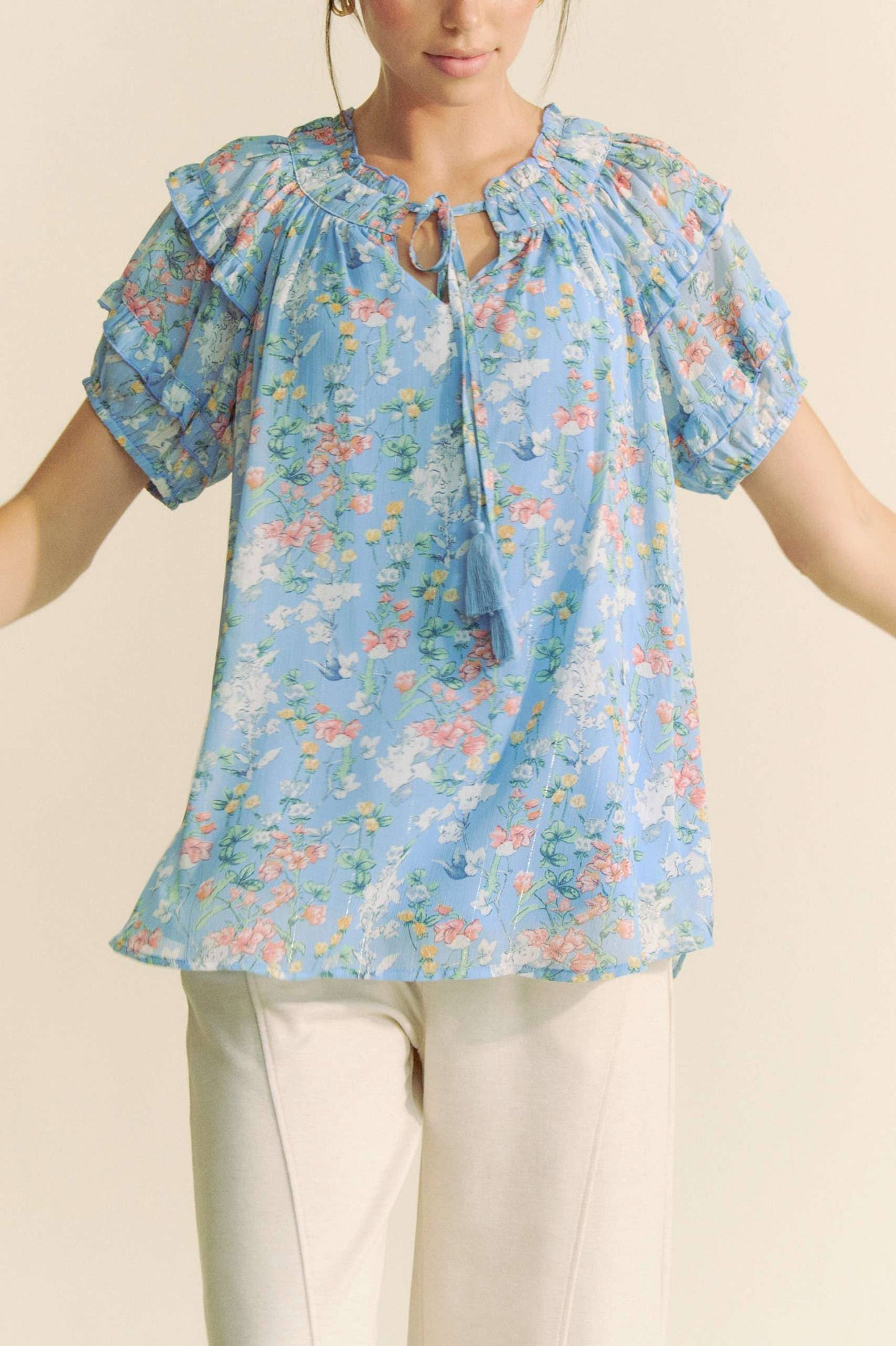 PRINTED RUFFLE SHORT SLEEVE TOP