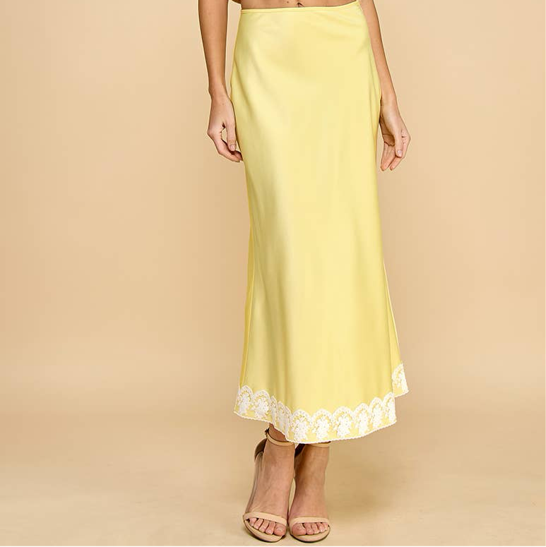 Satin Lace Hem Side Zipper Midi Skirt: Yellow