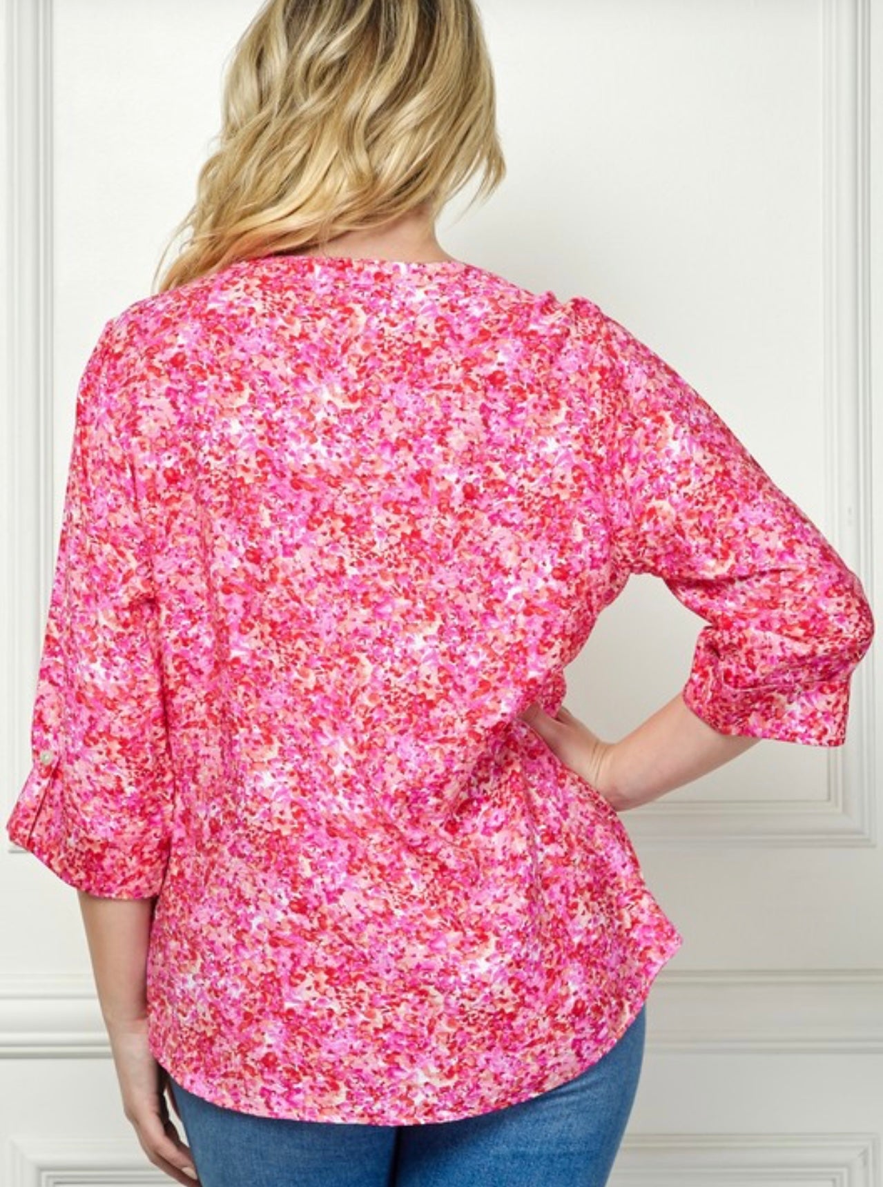 PLUS SIZE MANDARIN COLLAR PLAKET BLOUSE