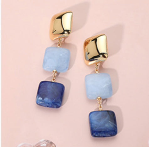 Blue Celluloid Acetate Square Pebble Link Drop Earrings