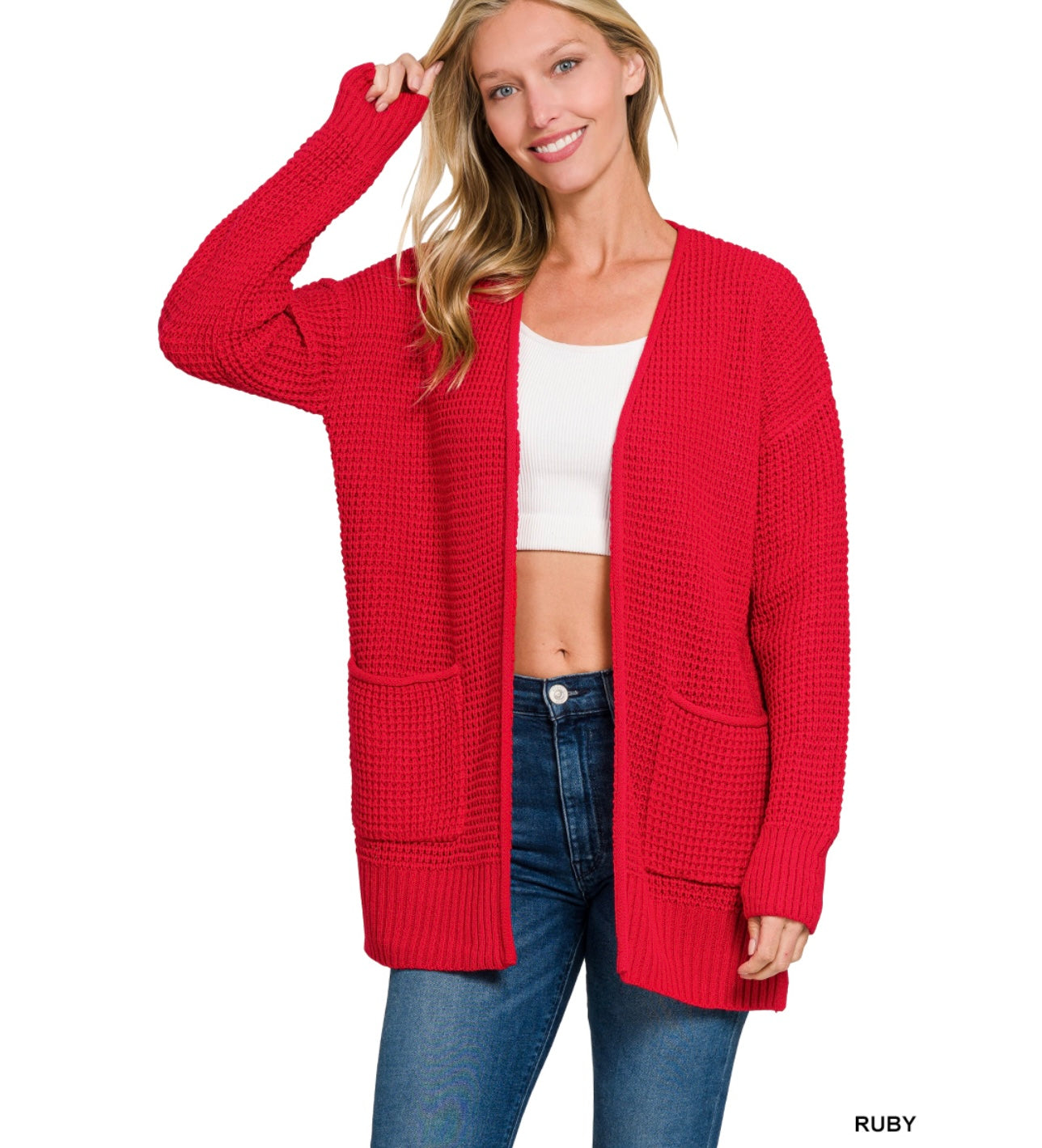 LOW GAUGE WAFFLE OPEN CARDIGAN SWEATER
