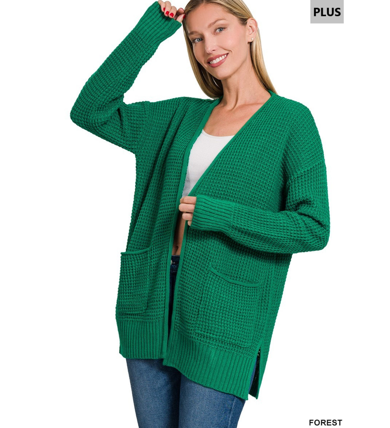 PLUS LOW GAUGE WAFFLE OPEN CARDIGAN SWEATER