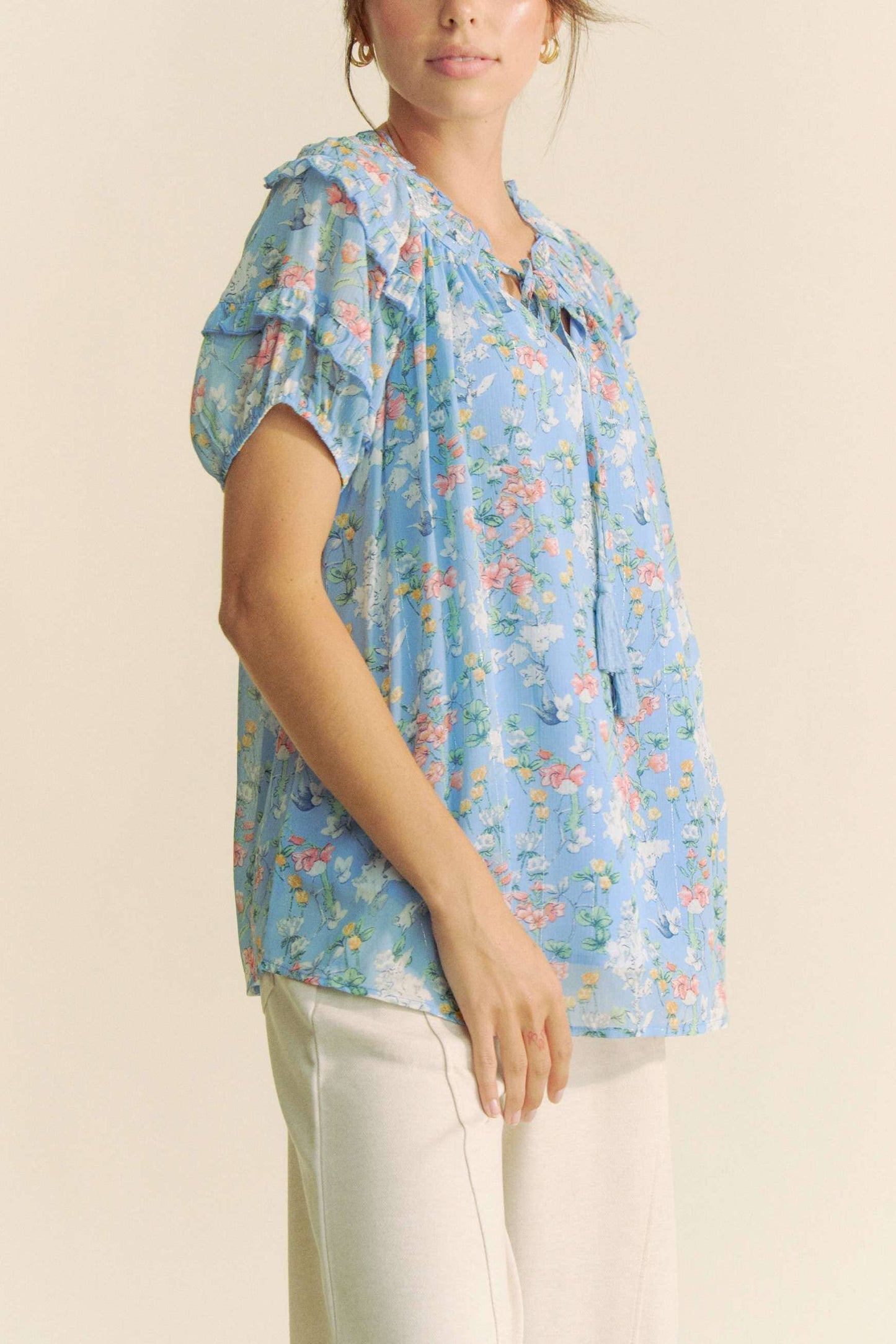 PRINTED RUFFLE SHORT SLEEVE TOP