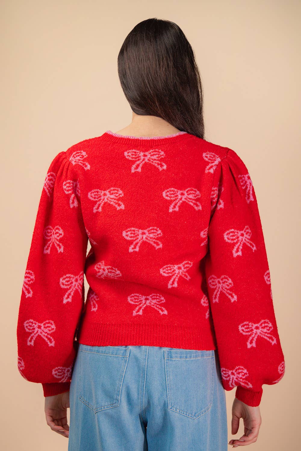 Bow Printed Puff Shoulder Knit Sweater