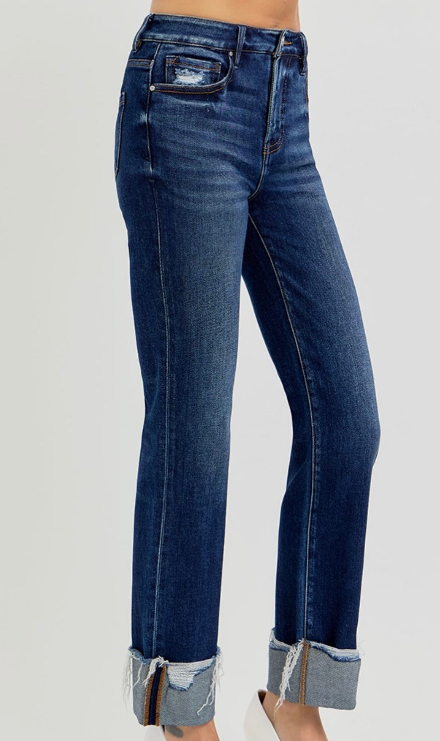 RISEN TUMMY CONTROL HIGH RISE CROP STRAIGHT CUFFED JEANS