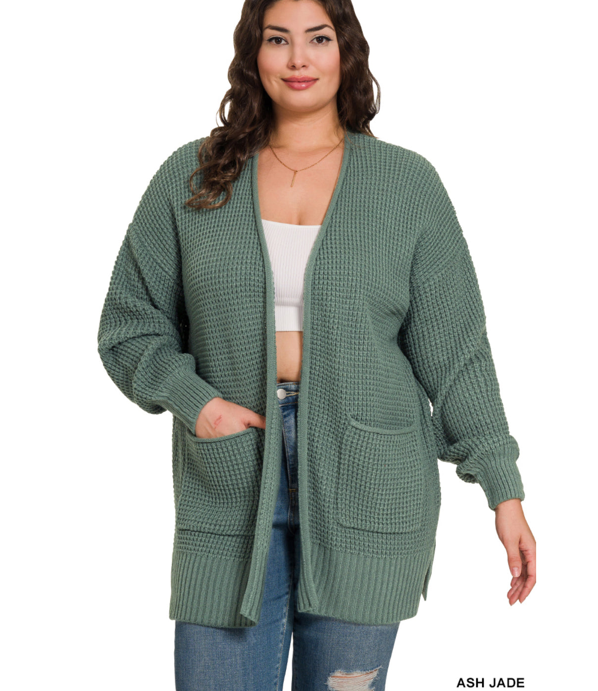PLUS LOW GAUGE WAFFLE OPEN CARDIGAN SWEATER