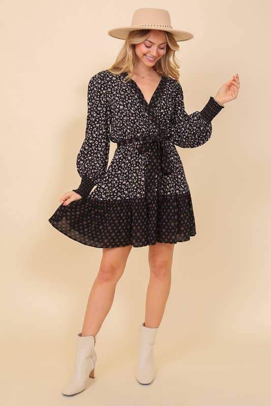 Black Floral Combo Front Tie Dress