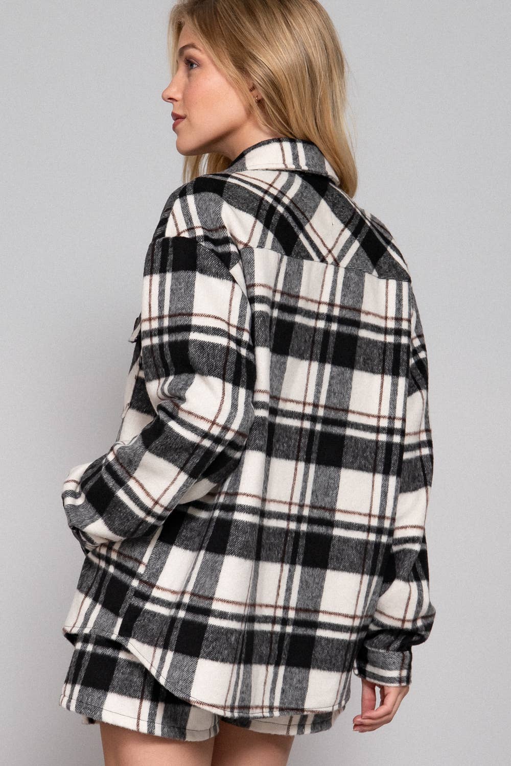 Long Sleeve Wool Blend Plaid Button Down Casual Jacket :black/brown