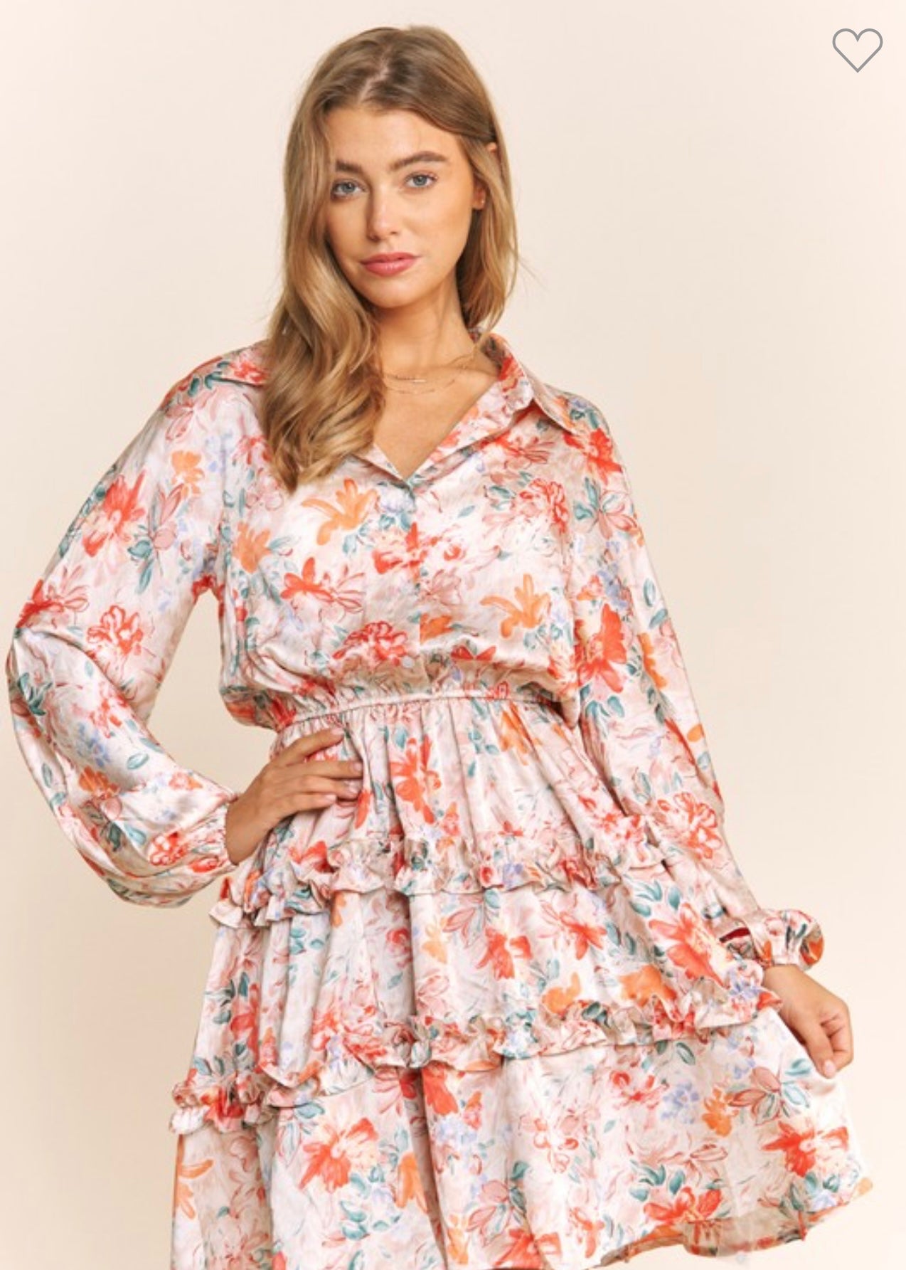 SATIN FLORAL PRINT LONG SLEEVE SHIRT DRESS