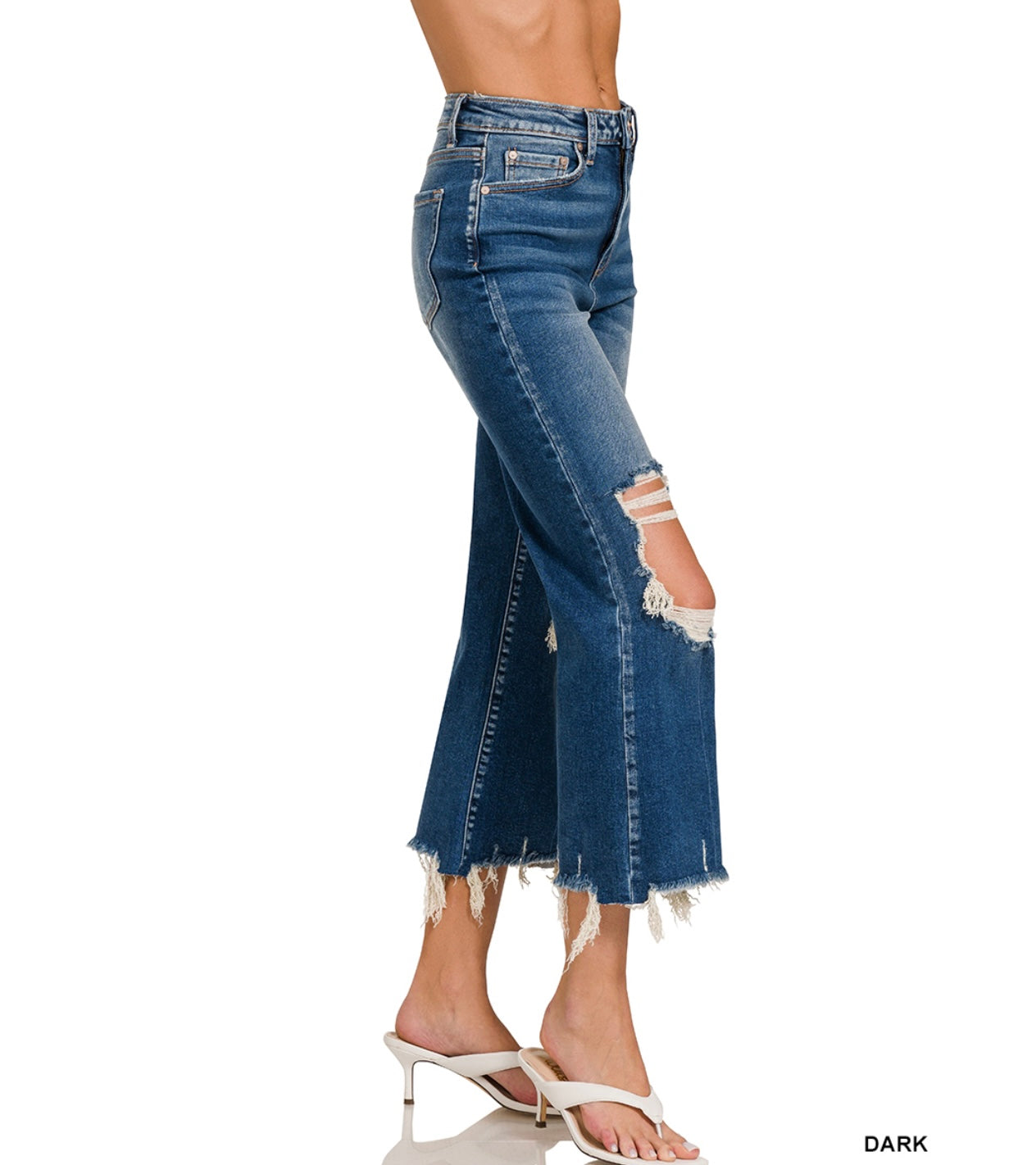 ZENANA DISTRESSED KNEE RAW FRAYED HEM CROPPED DENIM JEANS