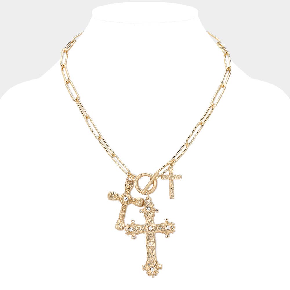 Stone Paved Metal Cross Charms Paperclip Chain Necklace: Gold