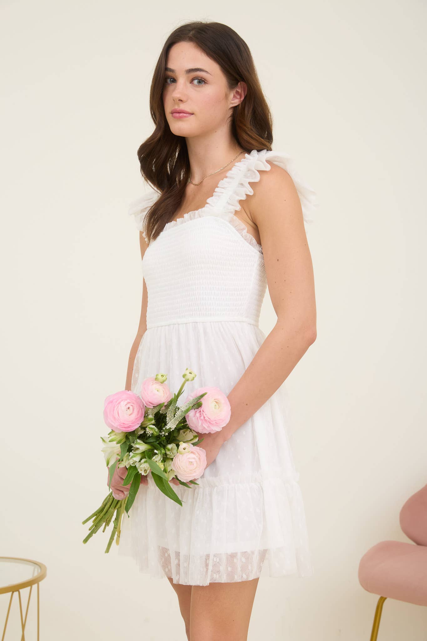 POLKA DOT CHIFFON SMOCKED RUFFLE DETAIL MINI DRESS: WHITE