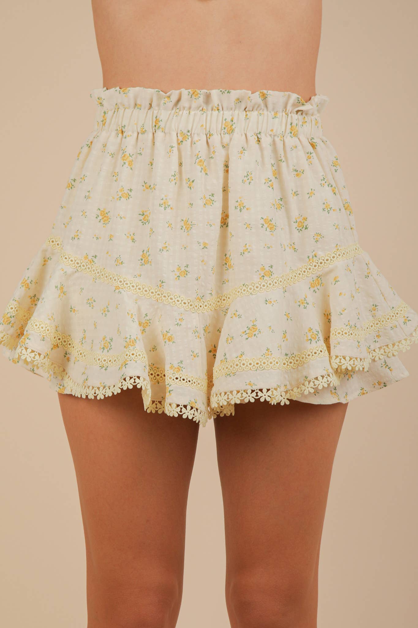 Floral Printed Ruffled Shorts W/ Crochet Trim