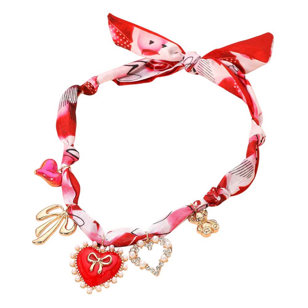Heart Bow Teddy Bear Charm Fabric Scarf Necklace