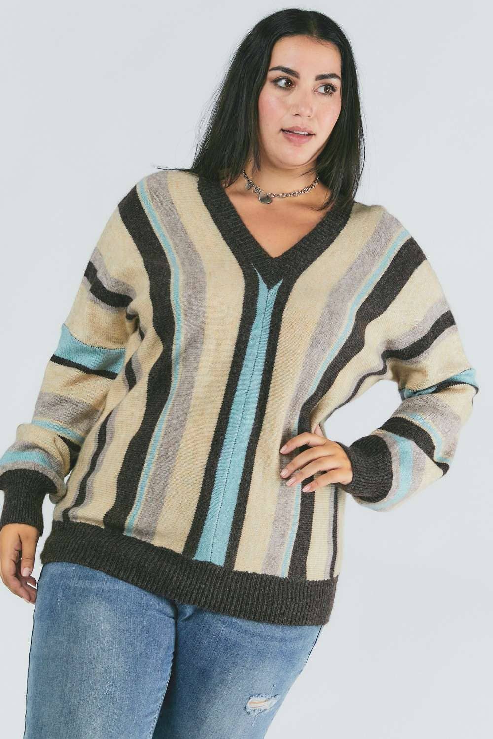 PLUS STRIPED V NECK SWEATER