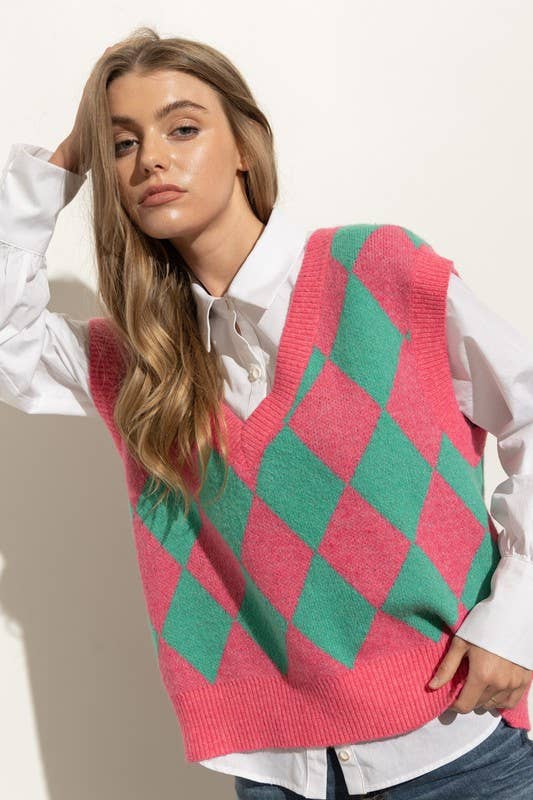 PINK ARGYLE PRINT SLEEVELESS SWEATER VEST