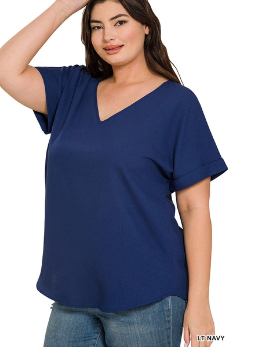 PLUS WOVEN HEAVY DOBBY ROLLED SLEEVE V-NECK TOP