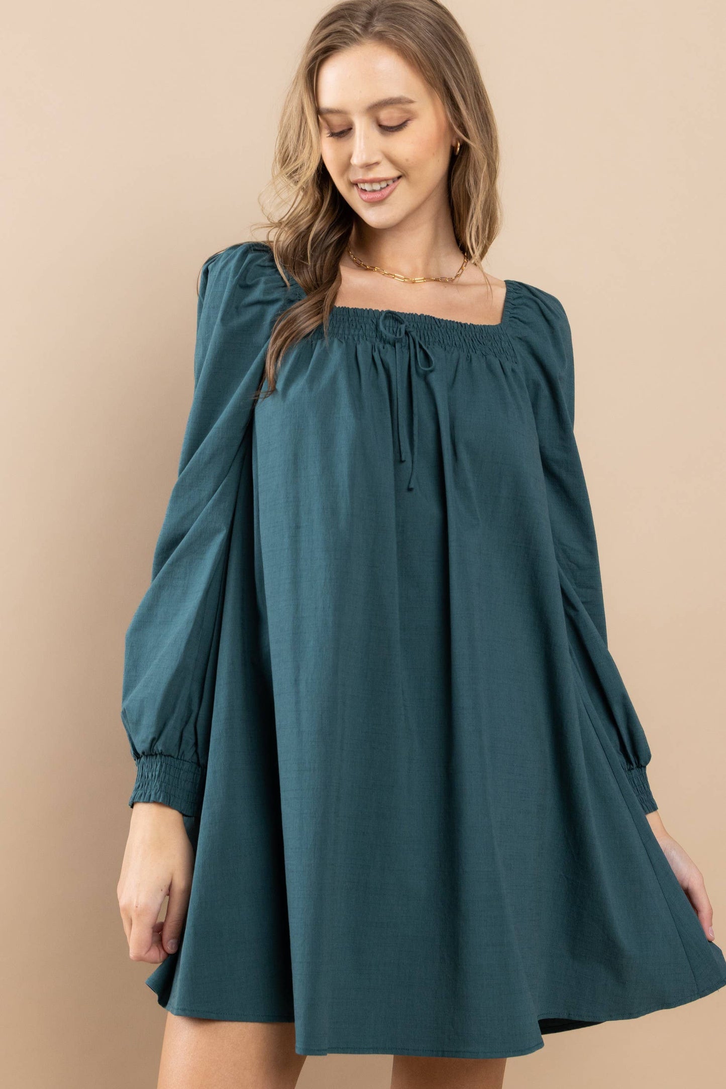 Smocked On-Off Shoulder Dress: Dark Teal