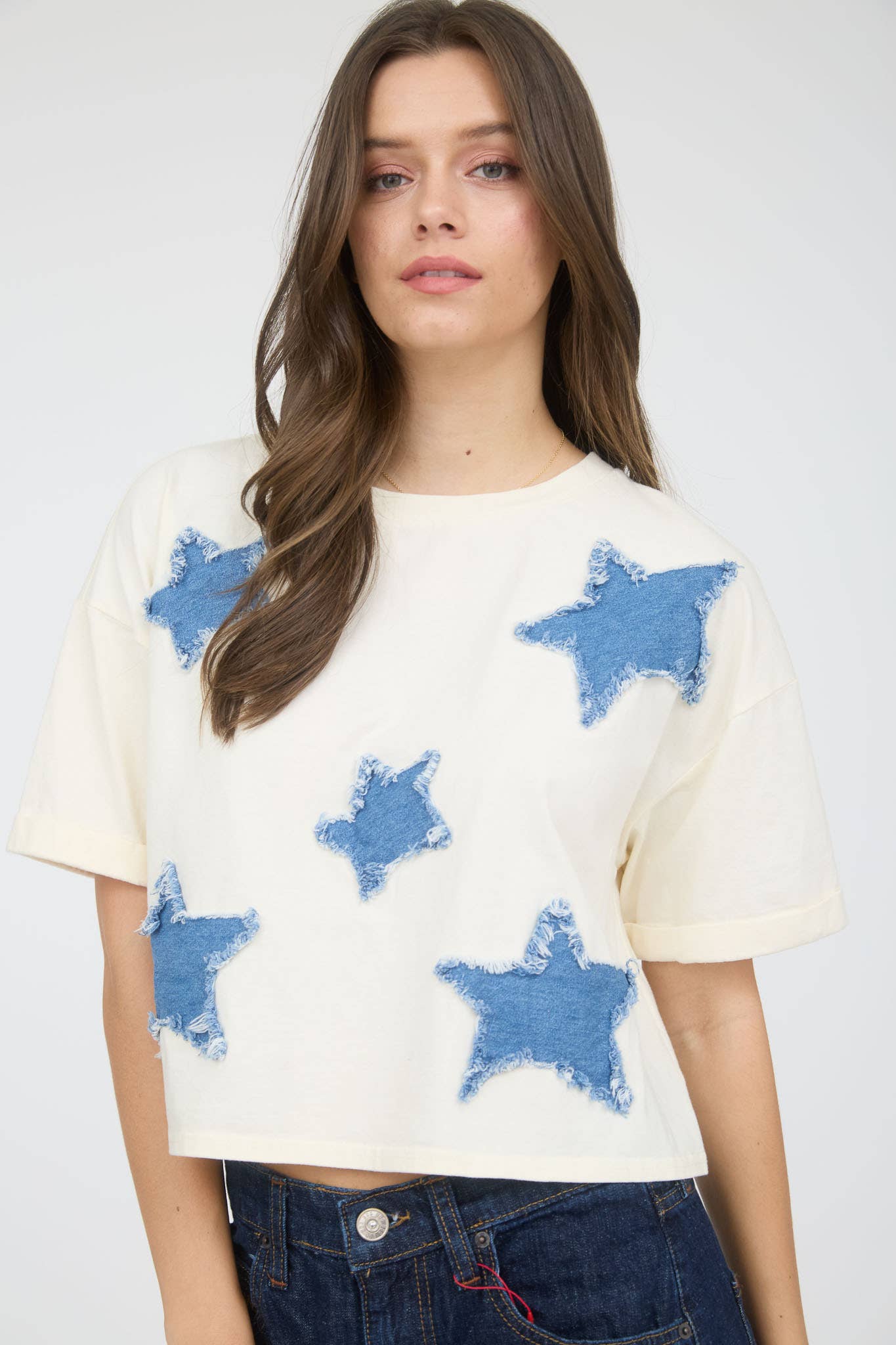 DENIM STAR PATCH SHORT SLEEVE KNIT T-SHIRT: NAVY