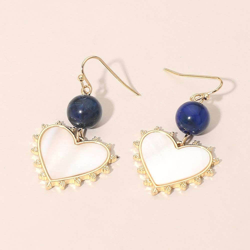 Bead Mother of Pearl Heart Charm Link Drop Earrings: Blue