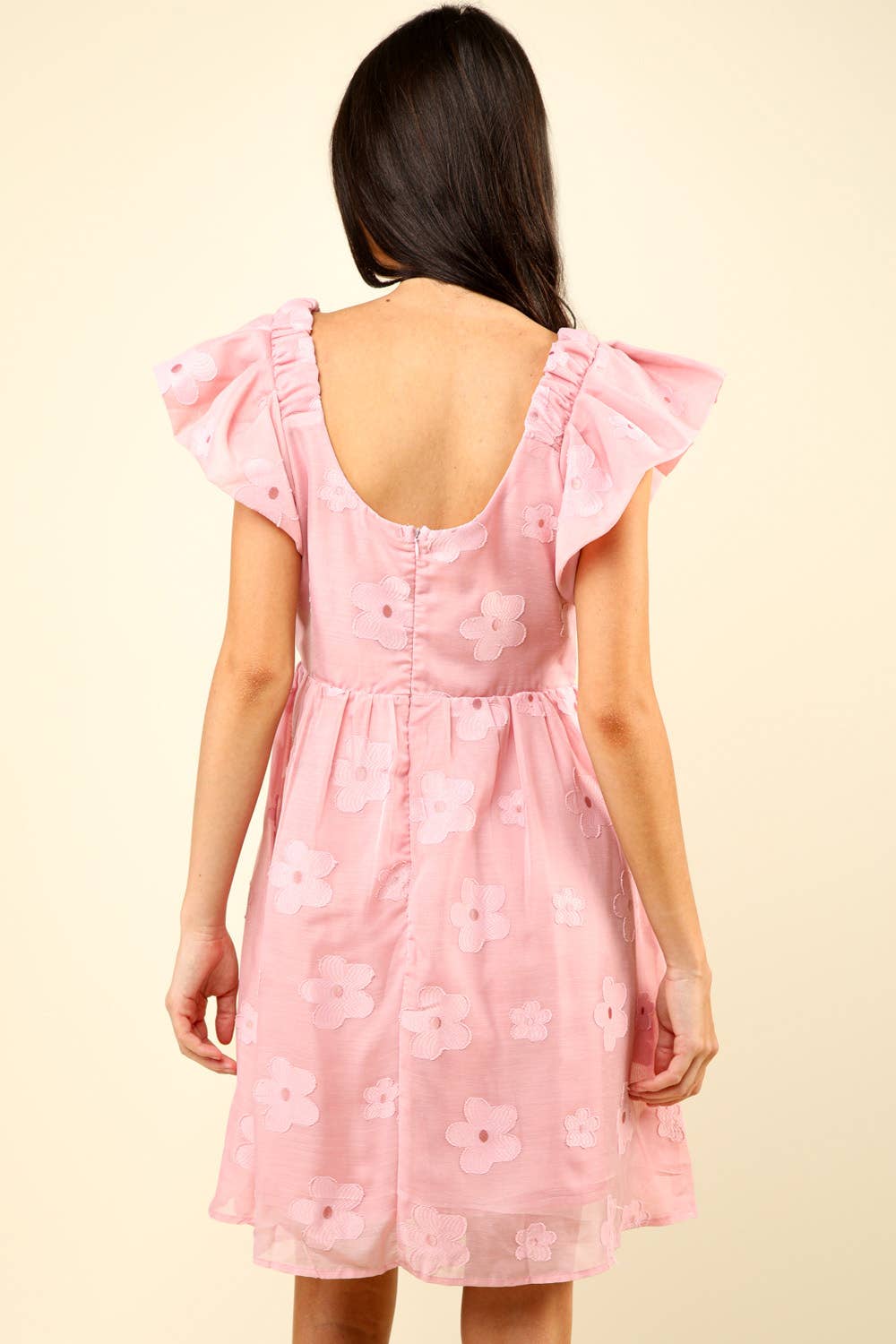 Flower Embroidered Sheer Organza Mini Dress: Pink