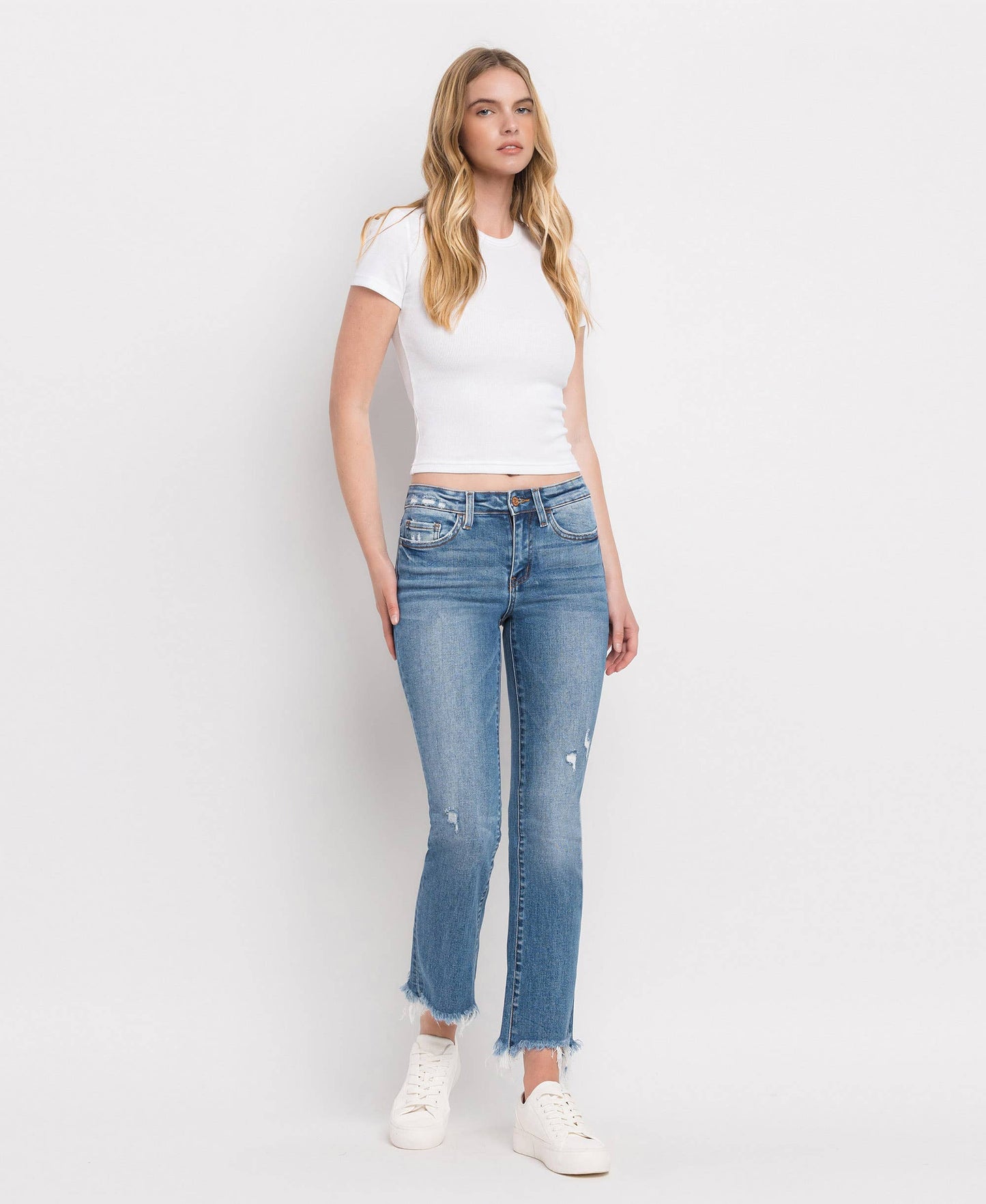 FLYING MONKEY MID RISE DISTRESSED HEM ANKLE BOOTCUT JEANS