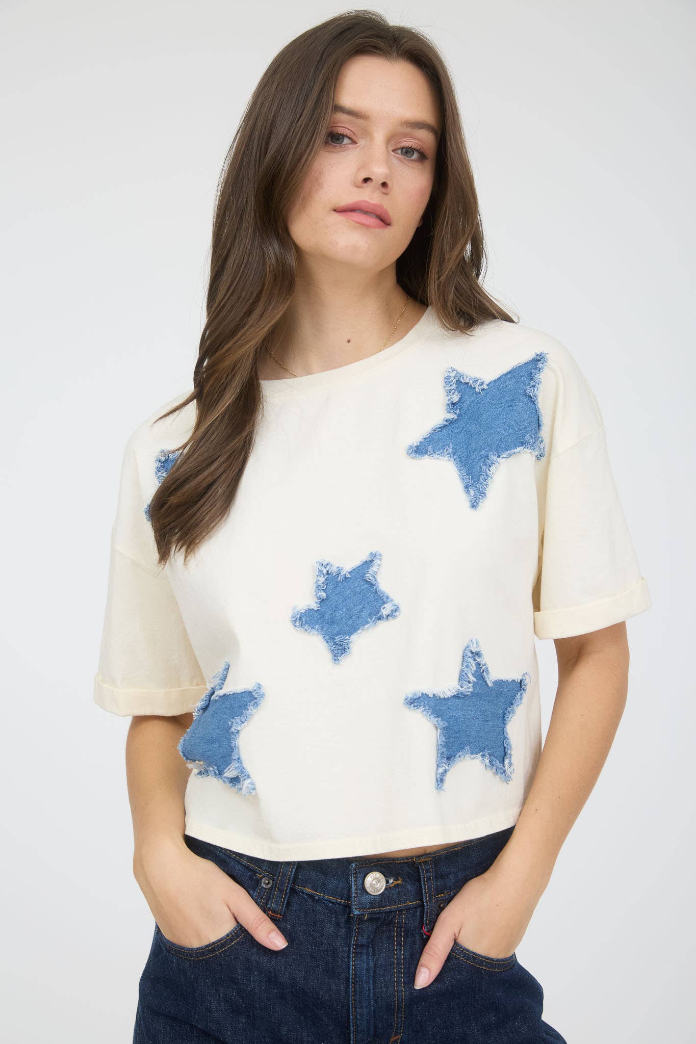 DENIM STAR PATCH SHORT SLEEVE KNIT T-SHIRT: NAVY